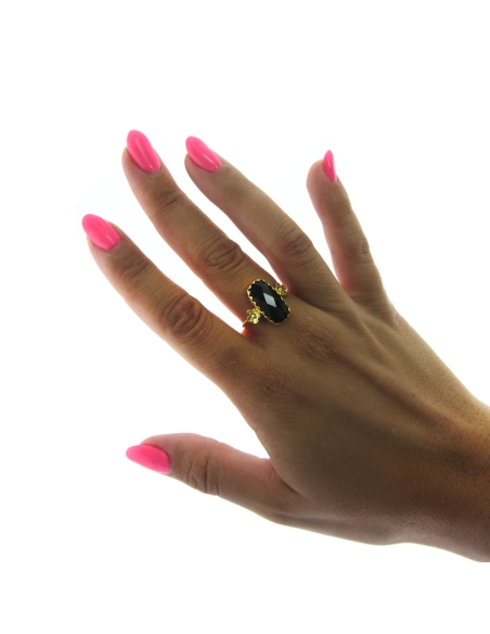 MRio Classic Anel Ajustavel Prata Dourada Pedra Preta