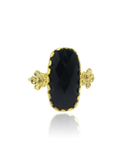 MRio Classic Anel Ajustavel Prata Dourada Pedra Preta