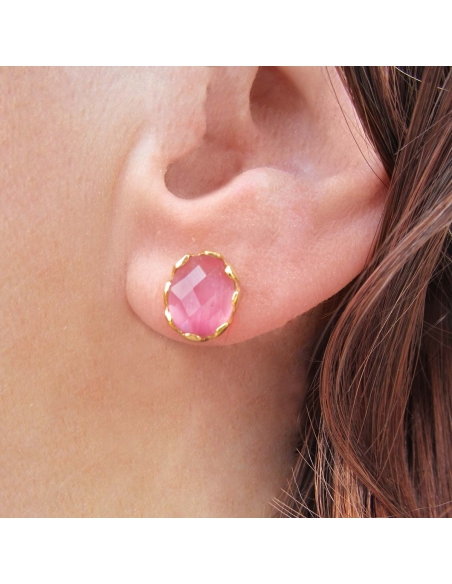 MRIO Classic Brincos Prata Dourada Pedra Rosa