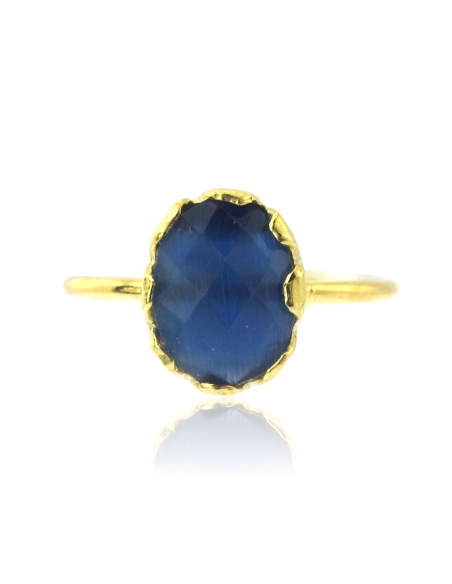 MRIO Classic Anel Ajustável Prata Dourada Pedra Azul