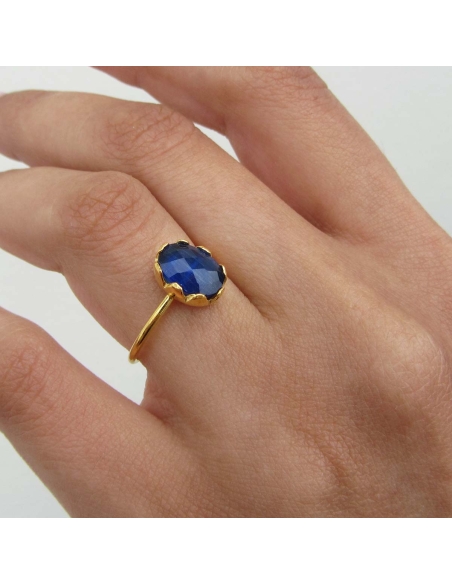 MRIO Classic Anel Ajustável Prata Dourada Pedra Azul