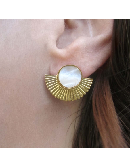 MRIO Inca Brincos Coroa Ondulada e Madre Pérola Prata Dourada