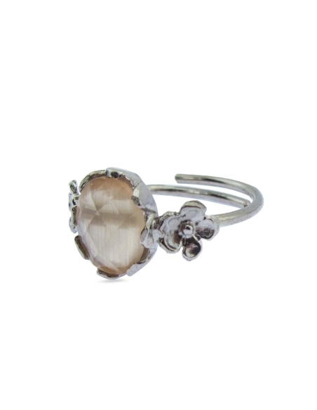 MRIO Classic Anel Ajustável Prata Pedra Bege e Flores