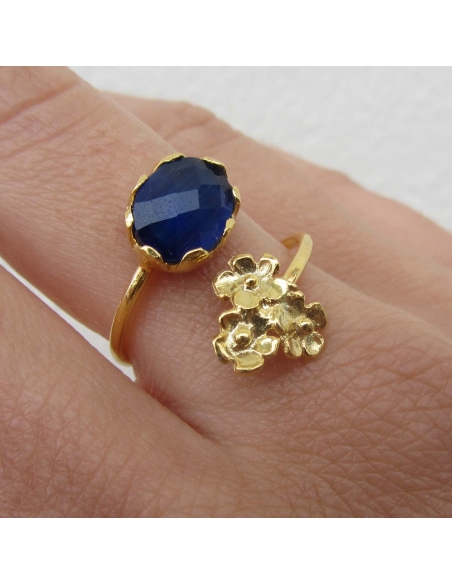 MRIO Classic Anel Ajustável Prata Dourada Pedra Azul e 3 Flores