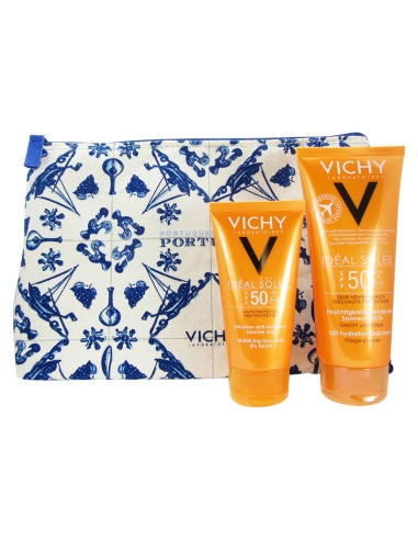 Vichy Ideal Soleil Leite 50+ 100ml + Emulsão Anti-Brilho Toque Seco 50+ 50ml+Bolsa Portugal