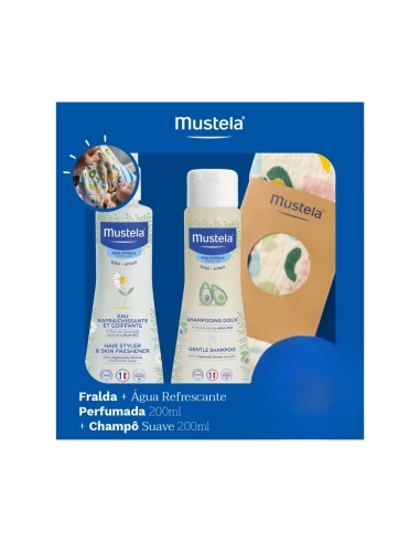 Mustela Kit Mustela Água Refrescante Perfumada 200ml + Mustela Champô Suave 200ml + Oferta Fralda de Pano