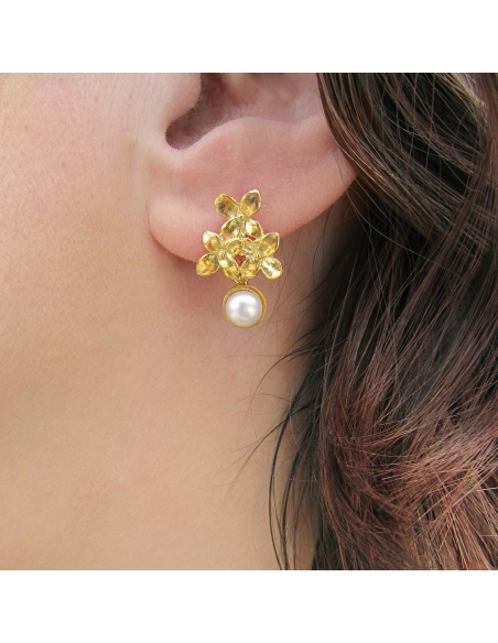 MRIO Inca Brincos Folha Ondulada Prata Dourada Pérola